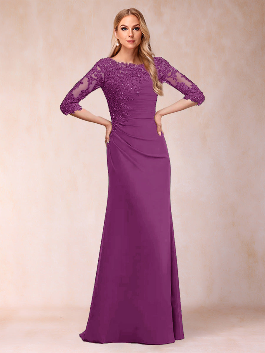 Sheath/Column Scoop 3/4 Sleeves Ruched Mother of the Bride Dresses with Applique