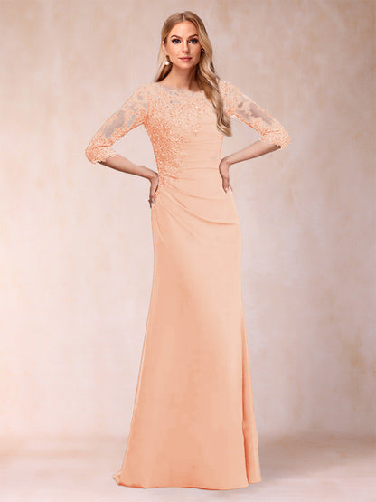 Sheath/Column Scoop 3/4 Sleeves Ruched Mother of the Bride Dresses with Applique