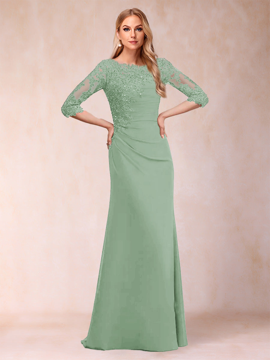 Sheath/Column Scoop 3/4 Sleeves Ruched Mother of the Bride Dresses with Applique