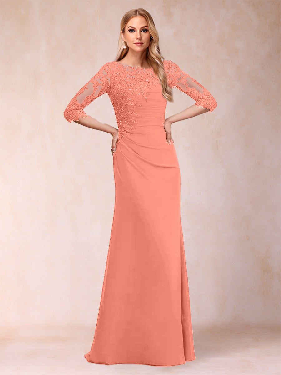 Sheath/Column Scoop 3/4 Sleeves Ruched Mother of the Bride Dresses with Applique