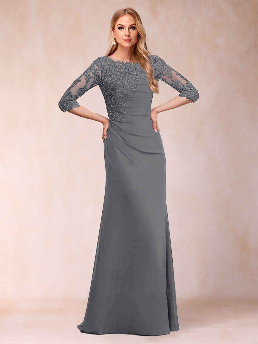 Sheath/Column Scoop 3/4 Sleeves Ruched Mother of the Bride Dresses with Applique