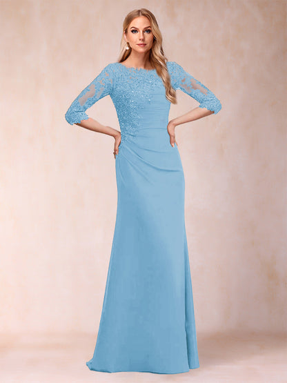 Sheath/Column Scoop 3/4 Sleeves Ruched Mother of the Bride Dresses with Applique