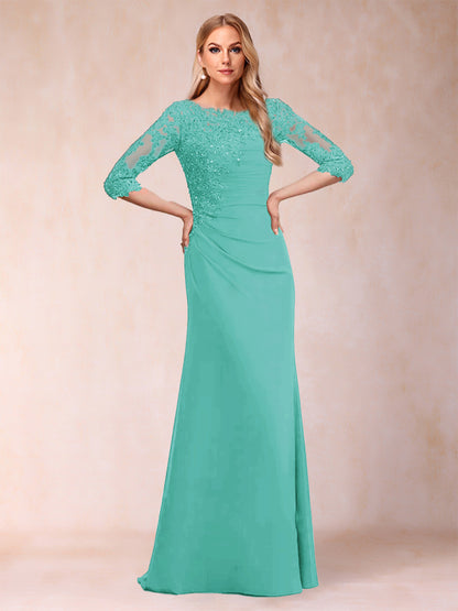 Sheath/Column Scoop 3/4 Sleeves Ruched Mother of the Bride Dresses with Applique