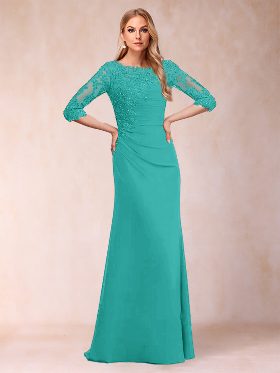 Sheath/Column Scoop 3/4 Sleeves Ruched Mother of the Bride Dresses with Applique