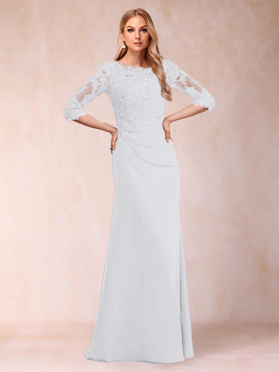 Sheath/Column Scoop 3/4 Sleeves Ruched Mother of the Bride Dresses with Applique