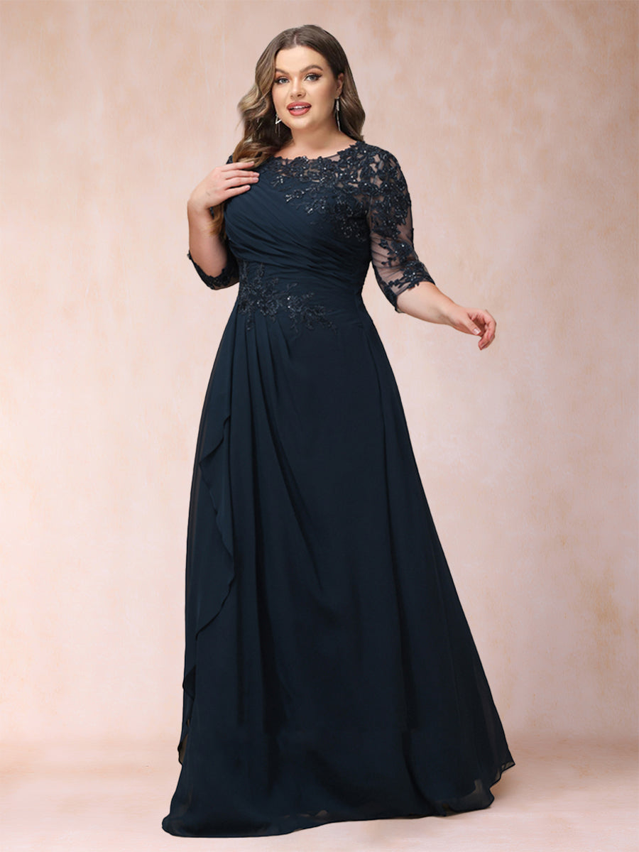 A-Line/Princess Scoop 3/4 Sleeves Plus Size Mother of the Bride Dresses with Applique