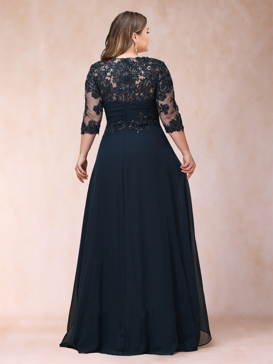 A-Line/Princess Scoop 3/4 Sleeves Plus Size Mother of the Bride Dresses with Applique