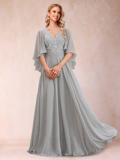 A-Line/Princess V-Neck Half Sleeves Mother of the Bride Dresses with Applique