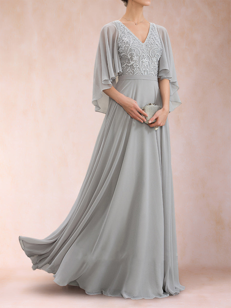 A-Line/Princess V-Neck Half Sleeves Mother of the Bride Dresses with Applique