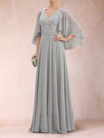 A-Line/Princess V-Neck Half Sleeves Mother of the Bride Dresses with Applique