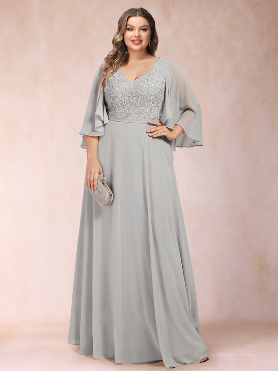 A-Line/Princess V-Neck Half Sleeves Plus Size Mother of the Bride Dresses with Applique