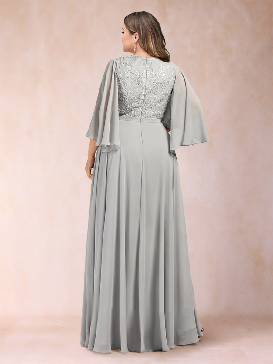 A-Line/Princess V-Neck Half Sleeves Plus Size Mother of the Bride Dresses with Applique