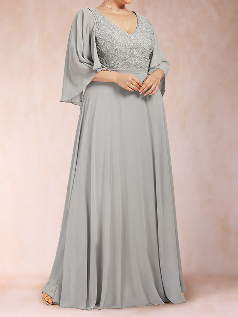 A-Line/Princess V-Neck Half Sleeves Plus Size Mother of the Bride Dresses with Applique