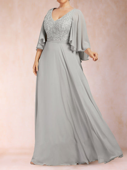 A-Line/Princess V-Neck Half Sleeves Plus Size Mother of the Bride Dresses with Applique