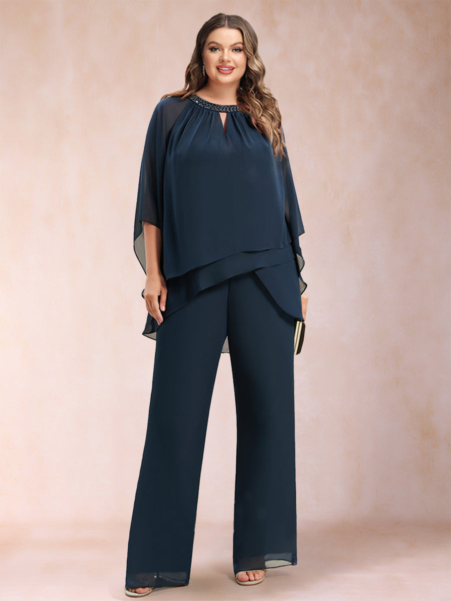 Chiffon Scoop 3/4 Sleeves 2 Pieces Plus Size Pantsuits with Rhinestone & Hollow