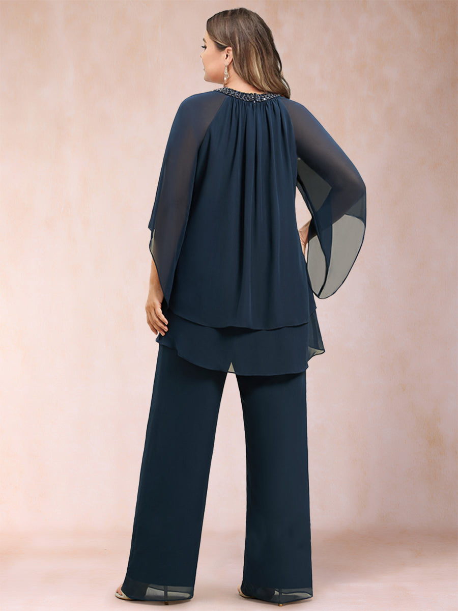 Chiffon Scoop 3/4 Sleeves 2 Pieces Plus Size Pantsuits with Rhinestone & Hollow