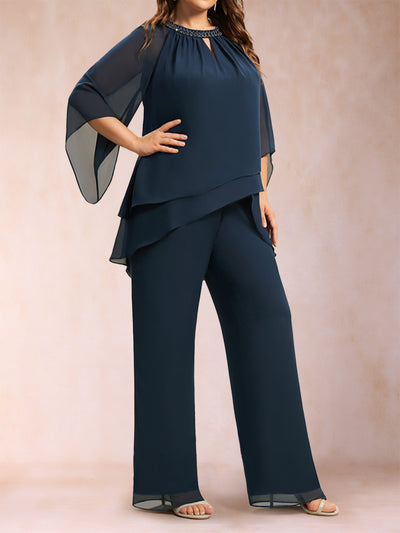 Chiffon Scoop 3/4 Sleeves 2 Pieces Plus Size Pantsuits with Rhinestone & Hollow