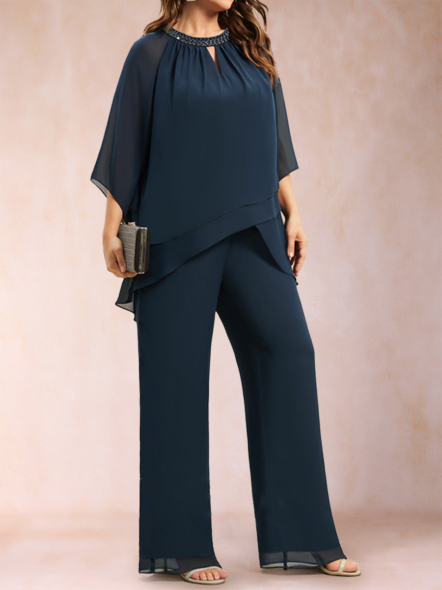 Chiffon Scoop 3/4 Sleeves 2 Pieces Plus Size Pantsuits with Rhinestone & Hollow