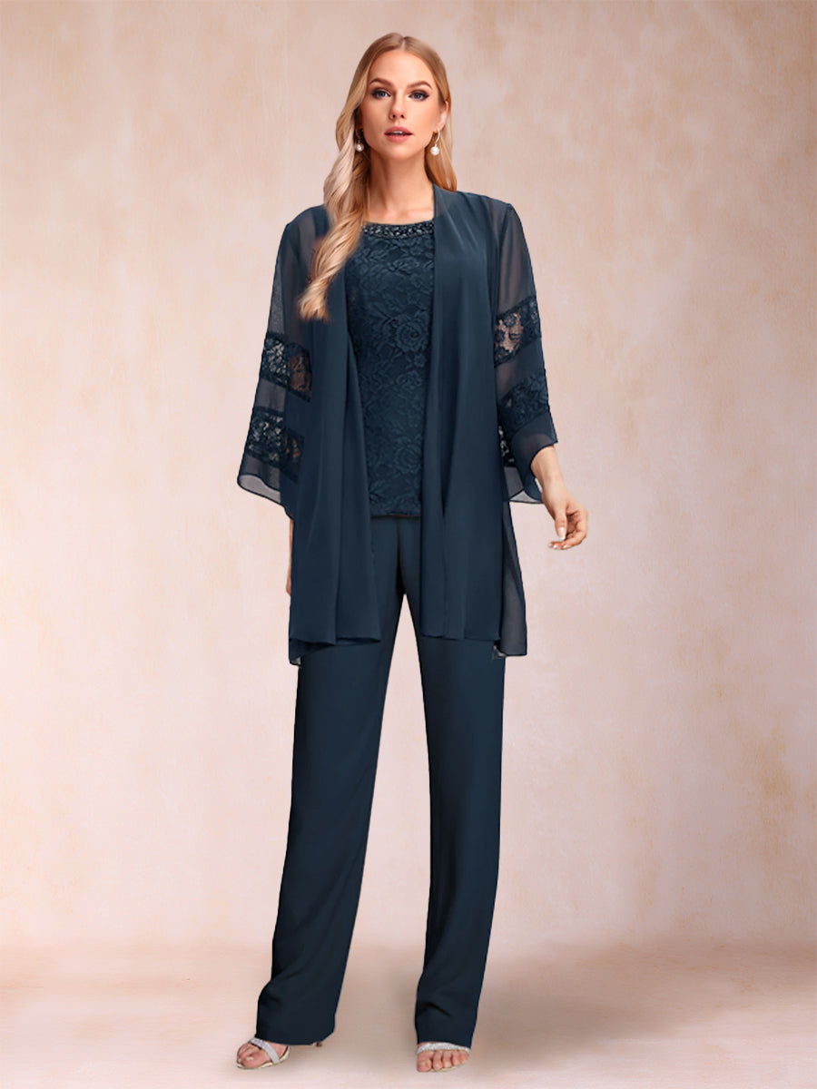 Chiffon Scoop Long Sleeves 3 Pieces Pantsuits with Applique  & Jacket