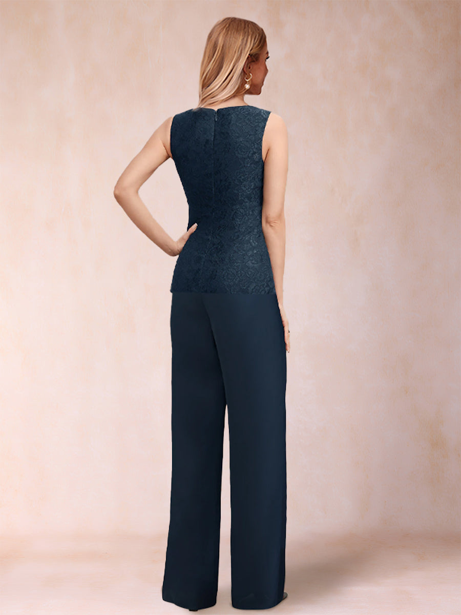 Chiffon Scoop Long Sleeves 3 Pieces Pantsuits with Applique  & Jacket