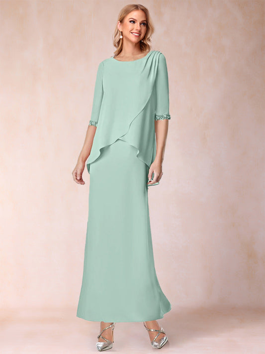 Sheath/Column Chiffon Scoop Half Sleeves 2 Pieces with Split Side