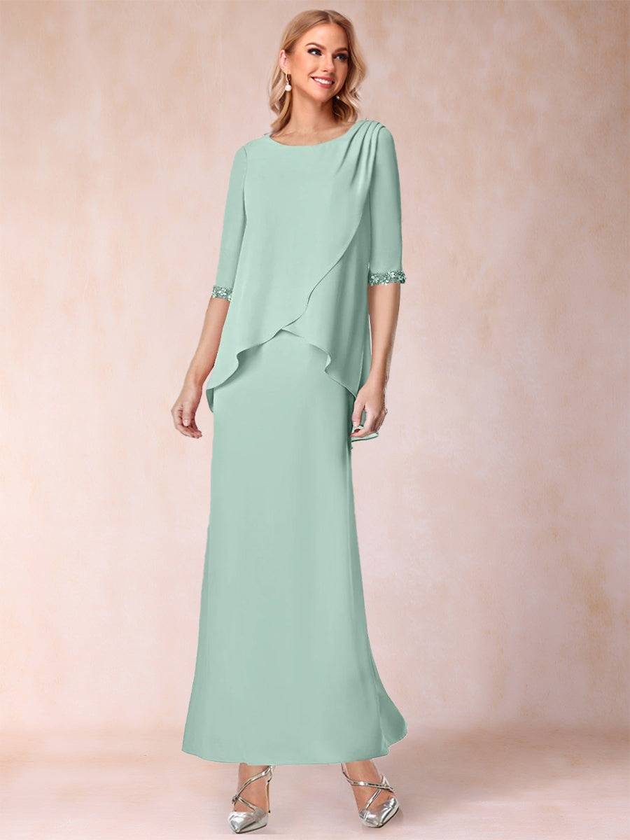 Sheath/Column Chiffon Scoop Half Sleeves 2 Pieces with Split Side