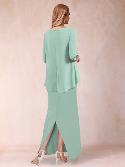 Sheath/Column Chiffon Scoop Half Sleeves 2 Pieces with Split Side