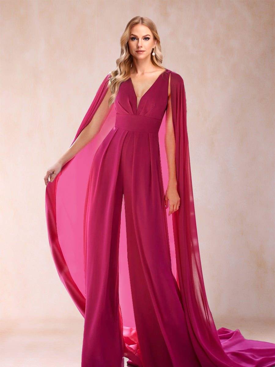 Chiffon V-Neck 2 Pieces Pantsuits with Ruffles & Shawl