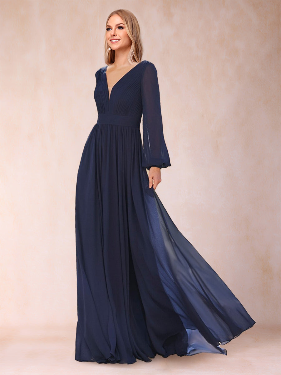 A-Line/Princess Chiffon V-Neck Long Sleeves Mother of the Bride Dresses with Ruffles