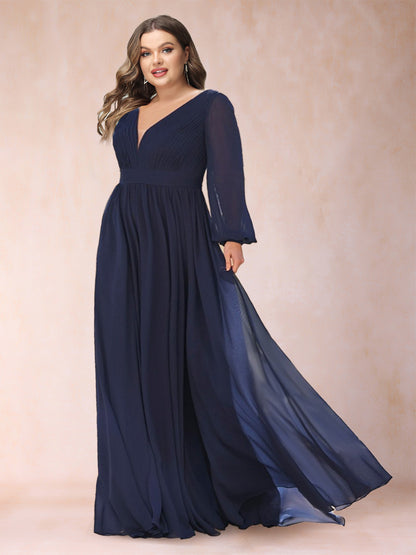 A-Line/Princess Chiffon V-Neck Long Sleeves Plus Size Mother of the Bride Dresses with Ruffles