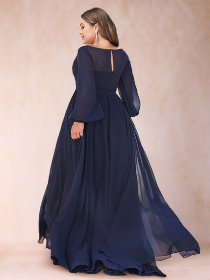 A-Line/Princess Chiffon V-Neck Long Sleeves Plus Size Mother of the Bride Dresses with Ruffles