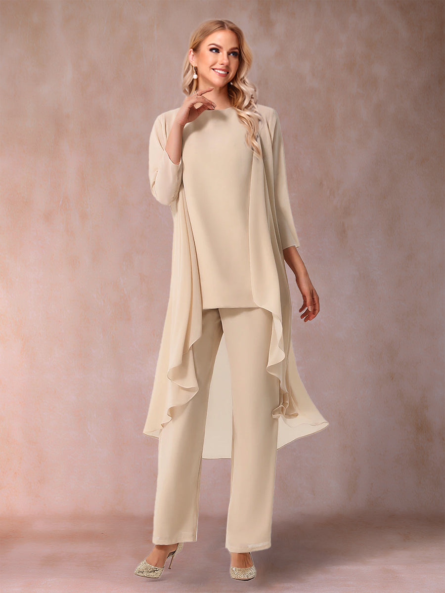 Chiffon Scoop 3/4 Sleeves 3 Pieces Pantsuits with Ruched  & Jacket