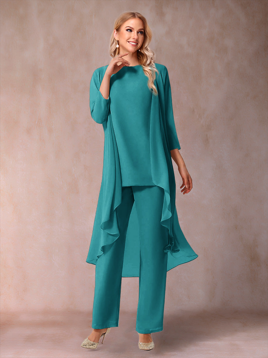 Chiffon Scoop 3/4 Sleeves 3 Pieces Pantsuits with Ruched  & Jacket