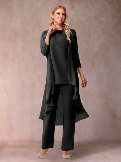 Chiffon Scoop 3/4 Sleeves 3 Pieces Pantsuits with Ruched  & Jacket