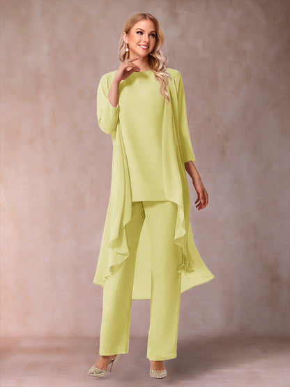 Chiffon Scoop 3/4 Sleeves 3 Pieces Pantsuits with Ruched  & Jacket