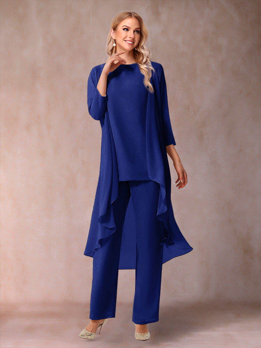 Chiffon Scoop 3/4 Sleeves 3 Pieces Pantsuits with Ruched  & Jacket