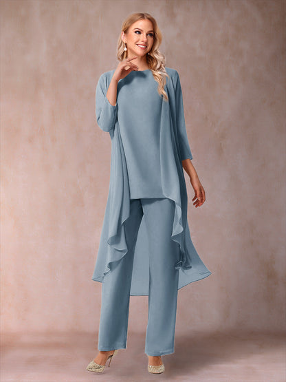 Chiffon Scoop 3/4 Sleeves 3 Pieces Pantsuits with Ruched  & Jacket