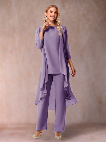 Chiffon Scoop 3/4 Sleeves 3 Pieces Pantsuits with Ruched  & Jacket