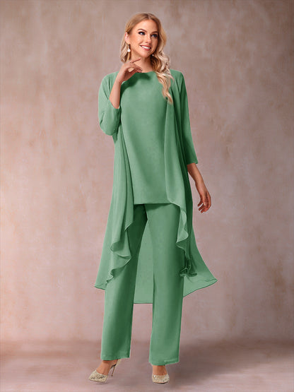 Chiffon Scoop 3/4 Sleeves 3 Pieces Pantsuits with Ruched  & Jacket