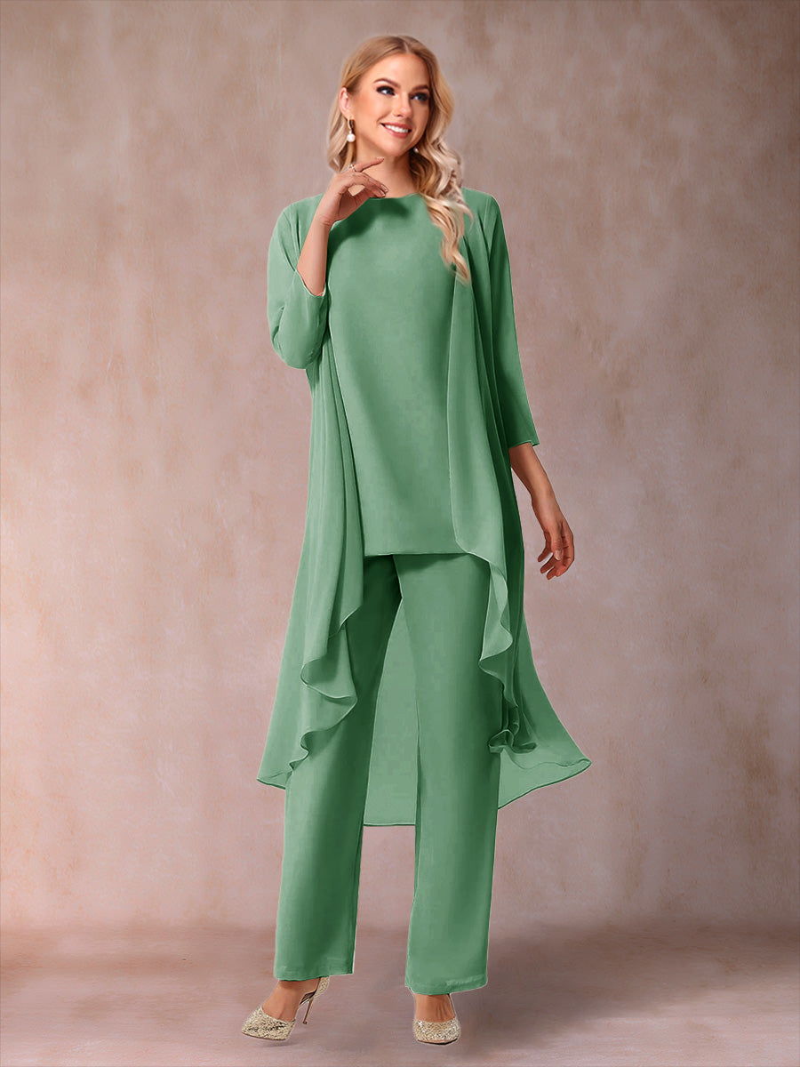 Chiffon Scoop 3/4 Sleeves 3 Pieces Pantsuits with Ruched  & Jacket