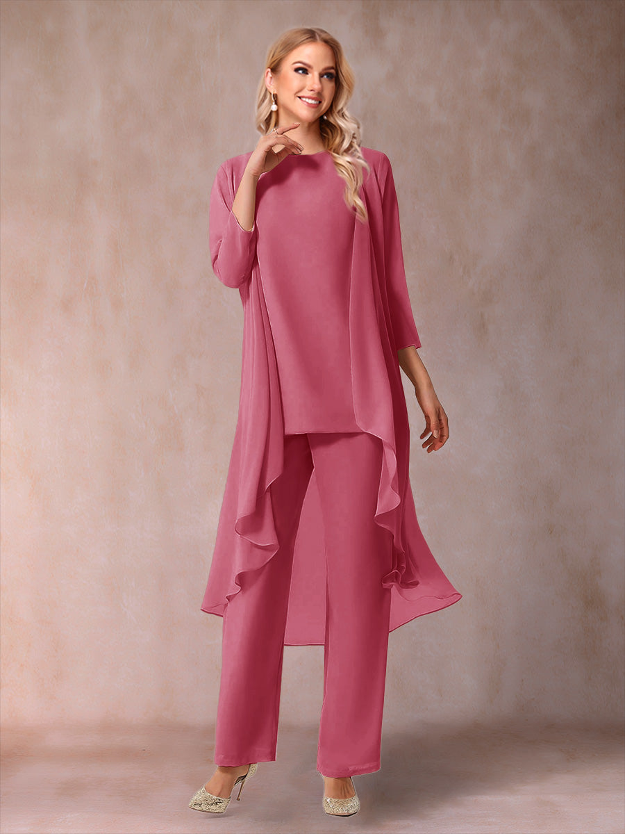 Chiffon Scoop 3/4 Sleeves 3 Pieces Pantsuits with Ruched  & Jacket