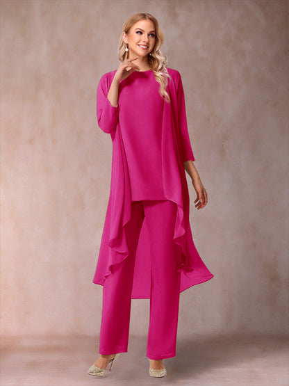 Chiffon Scoop 3/4 Sleeves 3 Pieces Pantsuits with Ruched  & Jacket