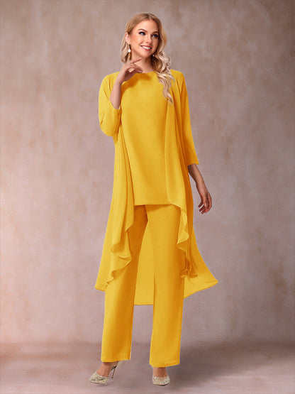 Chiffon Scoop 3/4 Sleeves 3 Pieces Pantsuits with Ruched  & Jacket