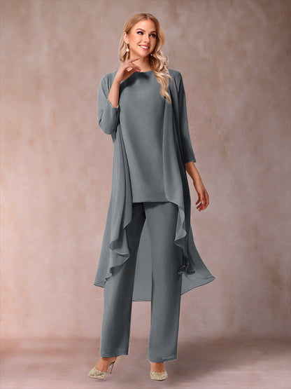 Chiffon Scoop 3/4 Sleeves 3 Pieces Pantsuits with Ruched  & Jacket