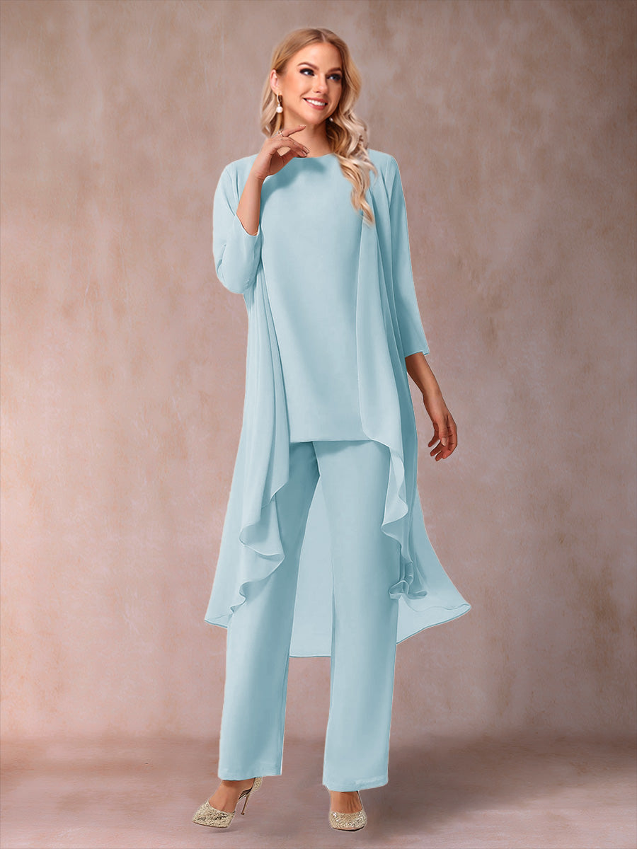 Chiffon Scoop 3/4 Sleeves 3 Pieces Pantsuits with Ruched  & Jacket