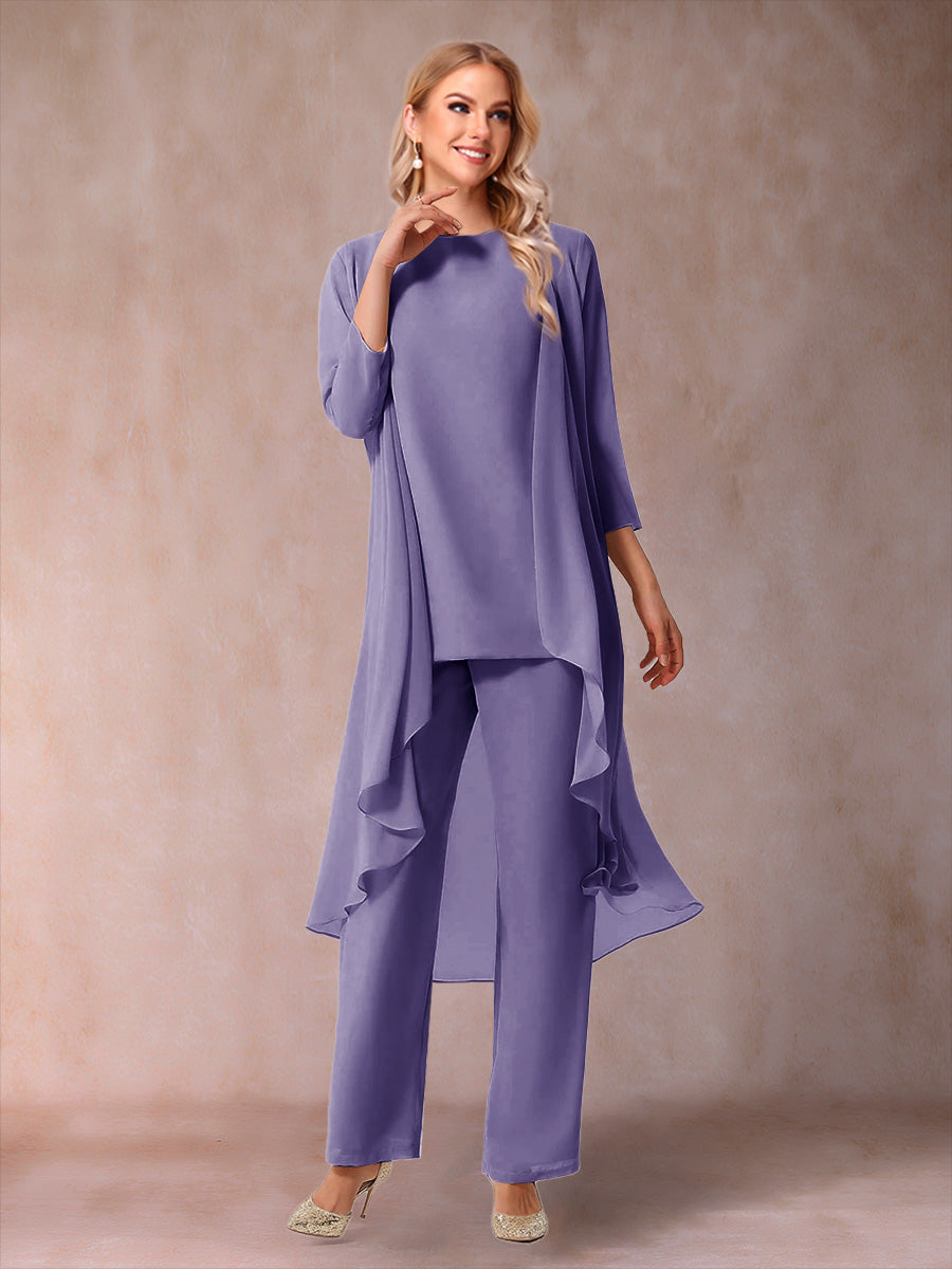 Chiffon Scoop 3/4 Sleeves 3 Pieces Pantsuits with Ruched  & Jacket