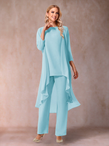 Chiffon Scoop 3/4 Sleeves 3 Pieces Pantsuits with Ruched  & Jacket