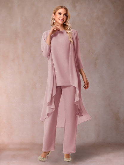 Chiffon Scoop 3/4 Sleeves 3 Pieces Pantsuits with Ruched  & Jacket