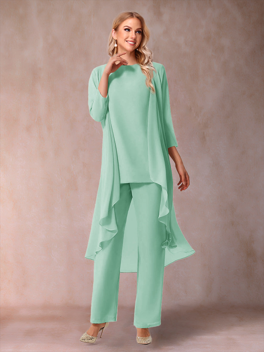 Chiffon Scoop 3/4 Sleeves 3 Pieces Pantsuits with Ruched  & Jacket