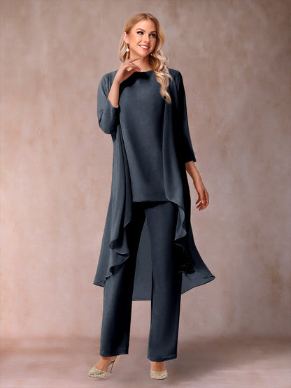 Chiffon Scoop 3/4 Sleeves 3 Pieces Pantsuits with Ruched  & Jacket